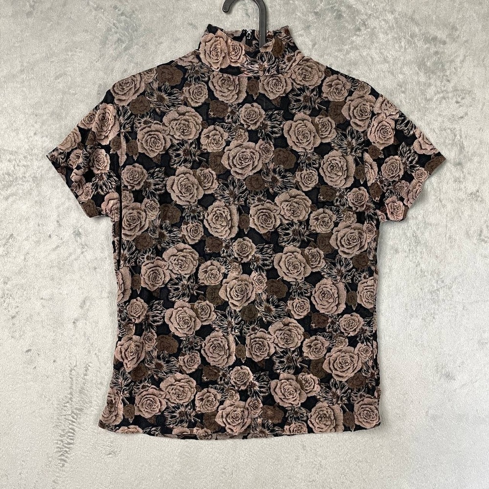 Vintage Black Brown Floral Rose Mock Neck Top Short Sleeve Y2K Grunge Large